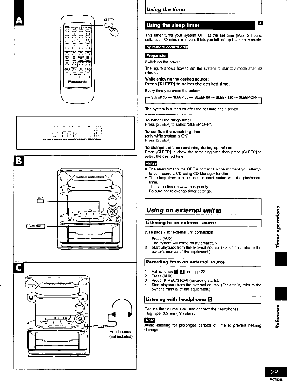 Using the sleep timer, Using an externai unit | Panasonic SC-AK18 EN User Manual | Page 29 / 32