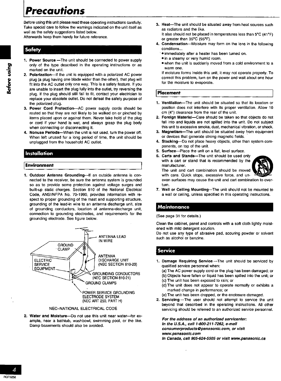 Safety, Installation, Maintenance | Service, Precautions | Panasonic SC-AK18 EN User Manual | Page 4 / 32