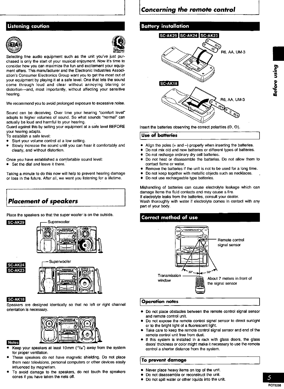 Battery installation, Correct method of use, Tsti | Concerning the remote control | Panasonic SC-AK18 EN User Manual | Page 5 / 32