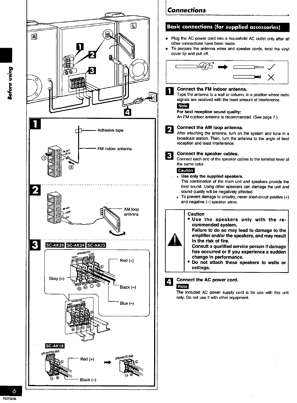 Basic connections (for supplied accessories, Connect the fm indoor antenna, Dsisi | Connect the am loop antenna, Connect the speaker cables, Caution, Connect the ac power cord, Basic connections (for supplied accessories), Connections | Panasonic SC-AK18 EN User Manual | Page 6 / 32