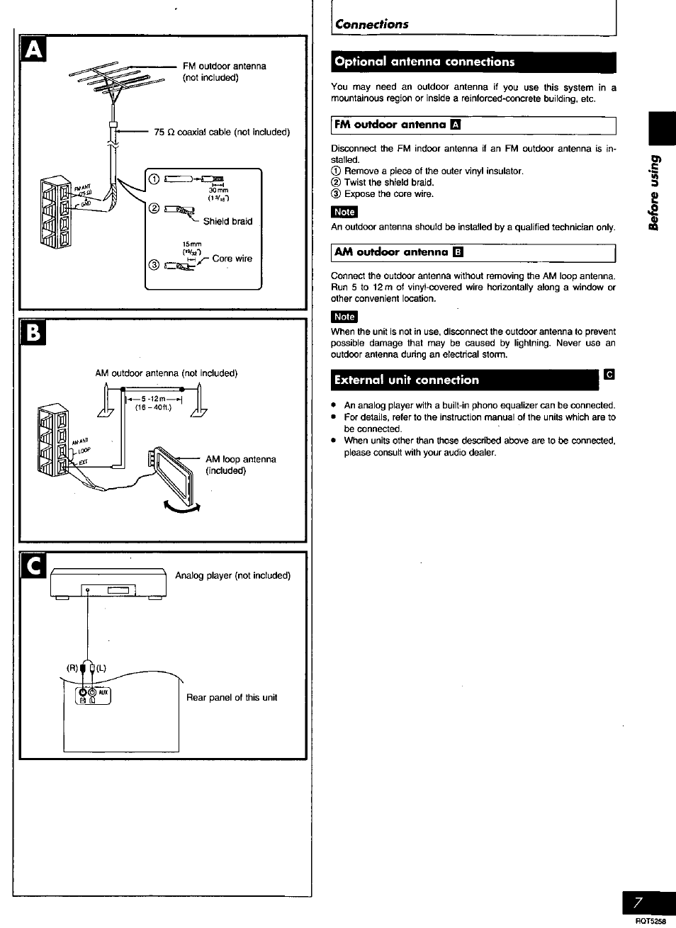 Optional antenna connections, External unit connection | Panasonic SC-AK18 EN User Manual | Page 7 / 32
