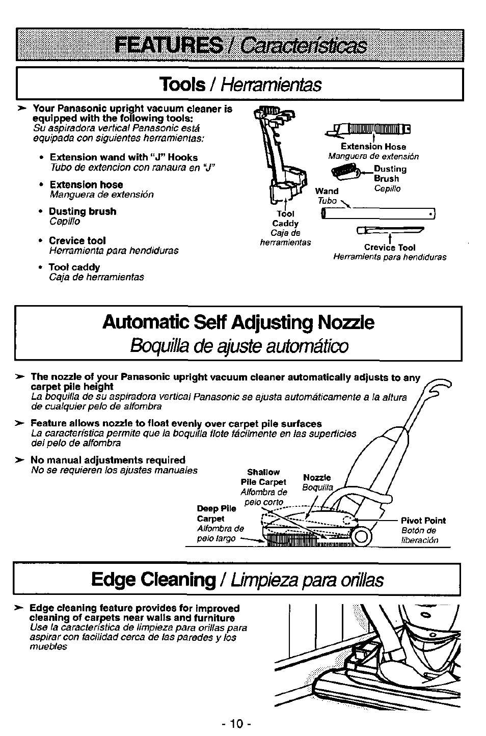 Cmbct&isâcæ, Featlfftes, Automatic self adjusting nozzle | Edge cleaning, Herramientas, Boquilla de ajuste automático, Limpieza para orillas | Panasonic MC-V7571 User Manual | Page 10 / 28