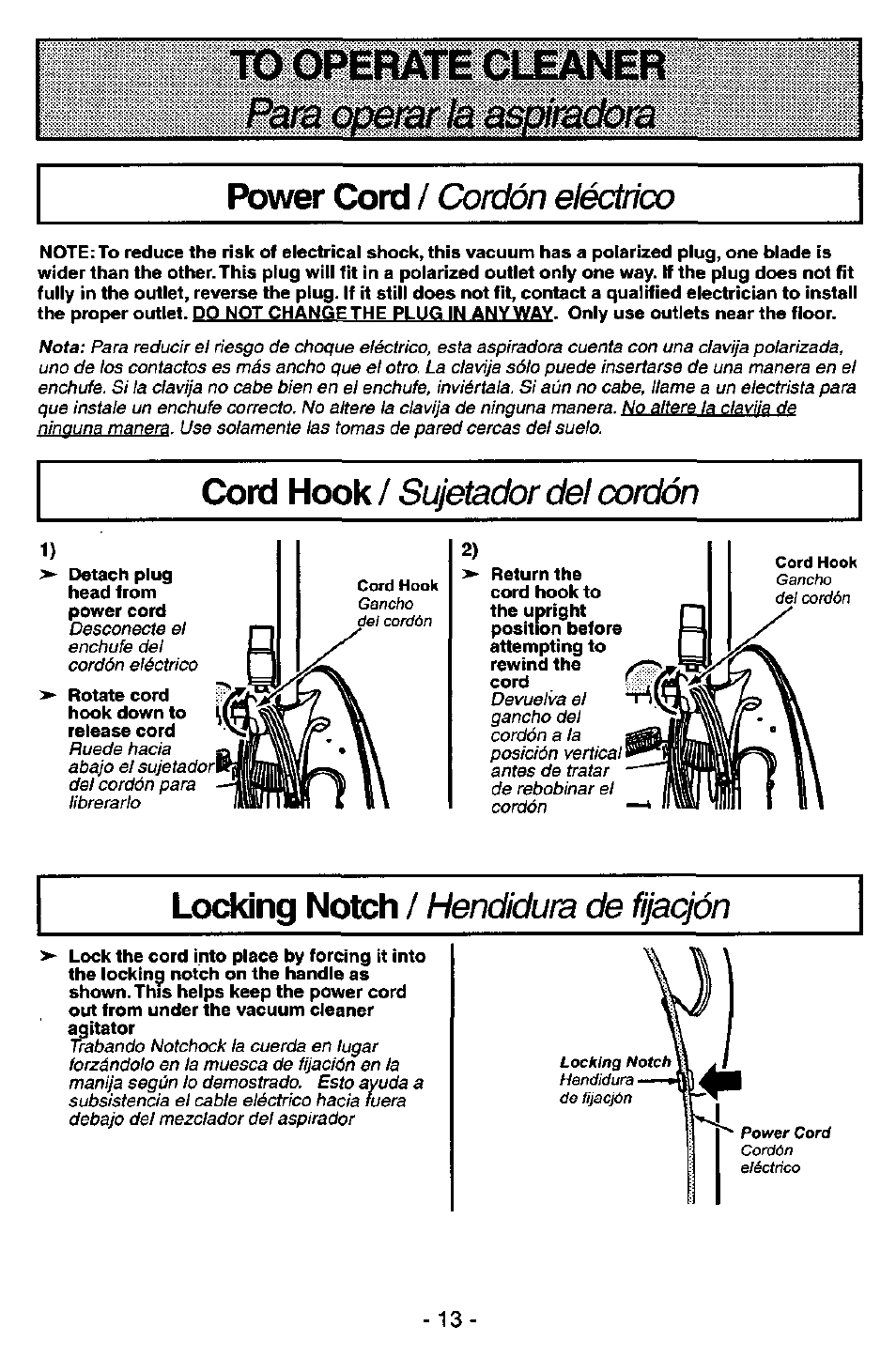 Power cord, Cord hook, Locking notch | Cordón eléctrico, Sujetador del cordón, Hendidura de fijacjón | Panasonic MC-V7571 User Manual | Page 13 / 28