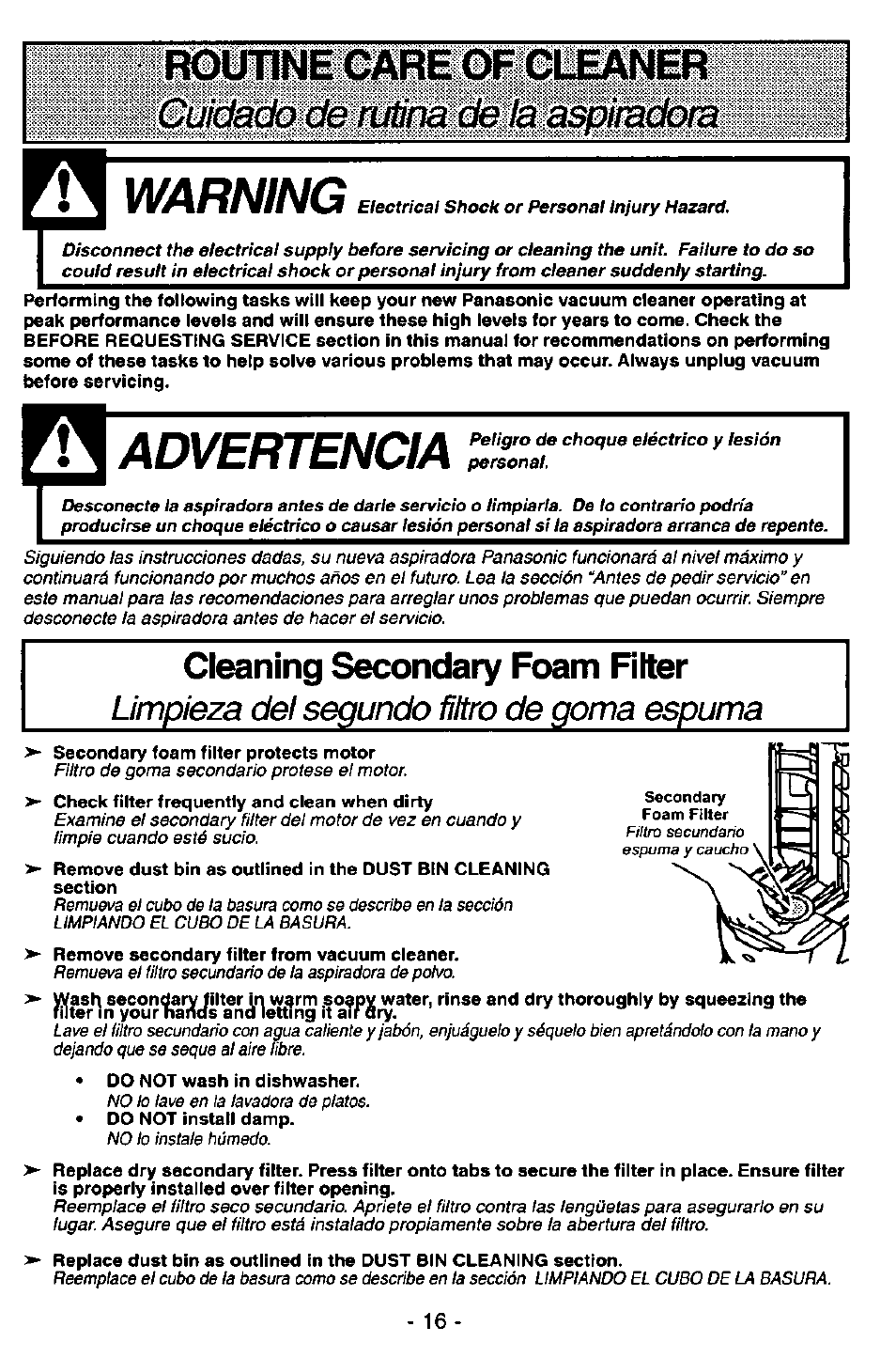 Warning, Advertencia, Cleaning secondary foam filter | Limpieza del segundo fíltro de goma espuma | Panasonic MC-V7571 User Manual | Page 16 / 28