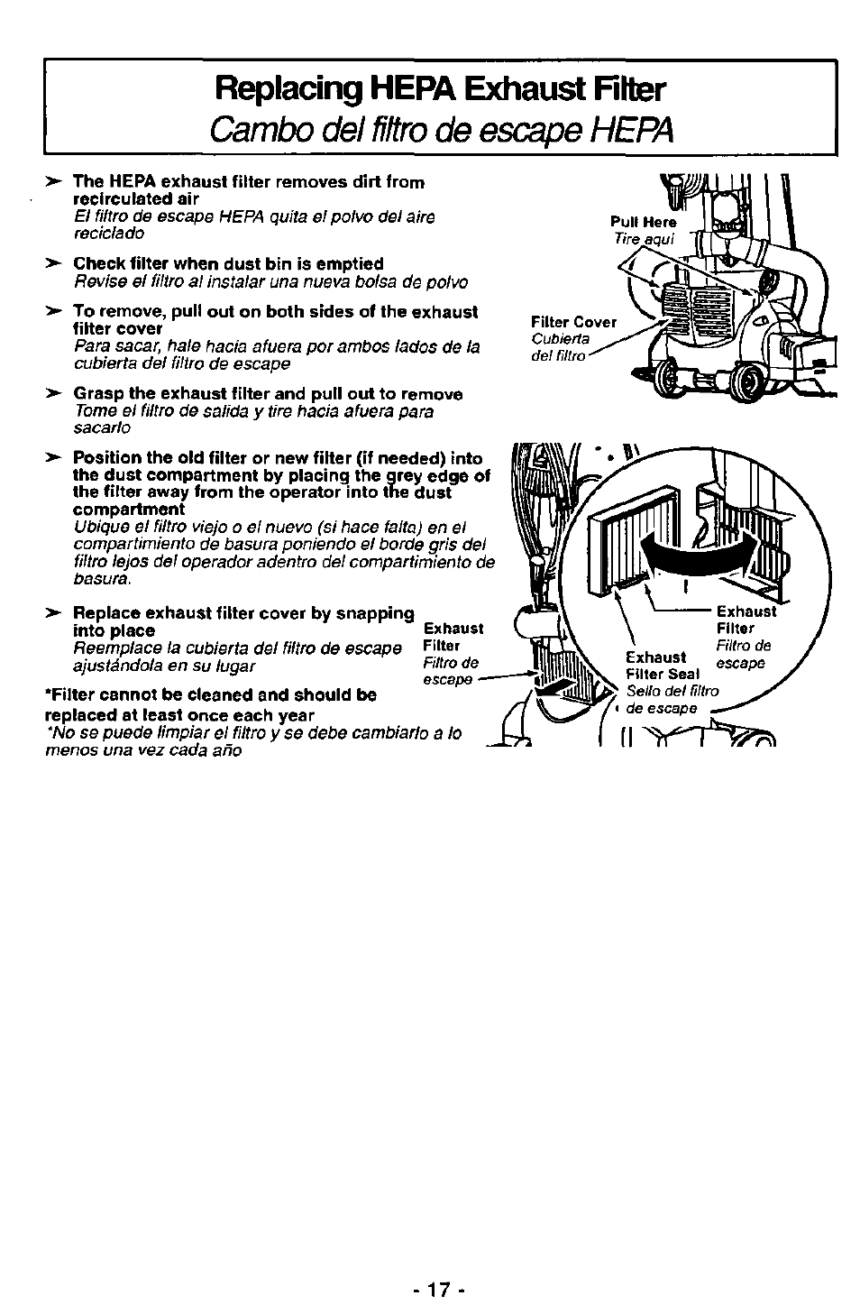 Replacing hepa exhaust filter, Cambo del filtro de escape hepa | Panasonic MC-V7571 User Manual | Page 17 / 28