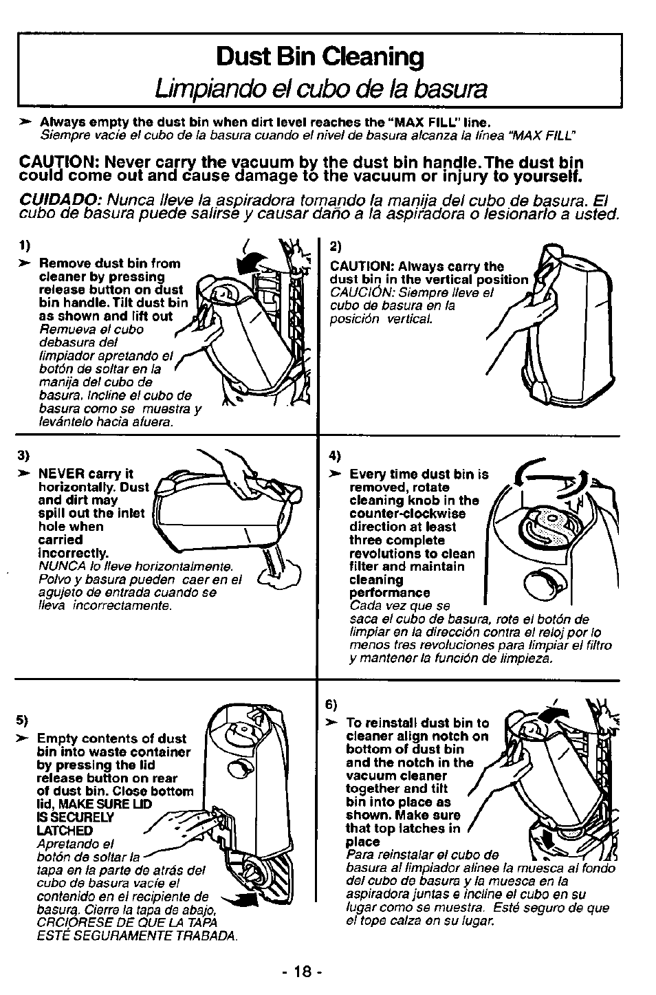 Dust bin cleaning, Limpiando ei cubo de ia basura | Panasonic MC-V7571 User Manual | Page 18 / 28