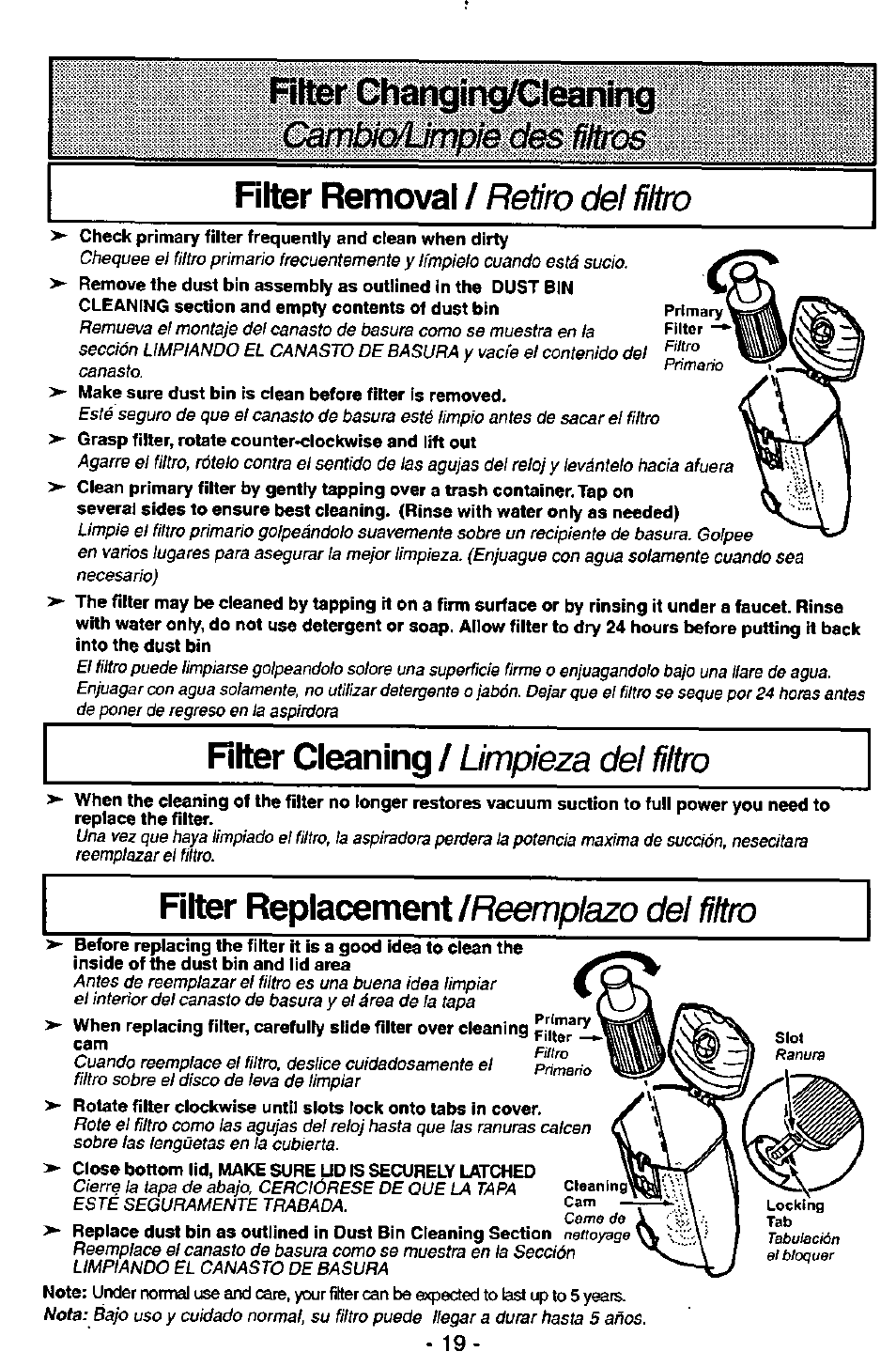 Des fftos, Ùmjtàìihfxe, Riter changing/clcaning | Ruer removal, Riter cleaning, Riter replacement, Retiro del filbo, Limpieza del filtro, Reemplazo del шю | Panasonic MC-V7571 User Manual | Page 19 / 28