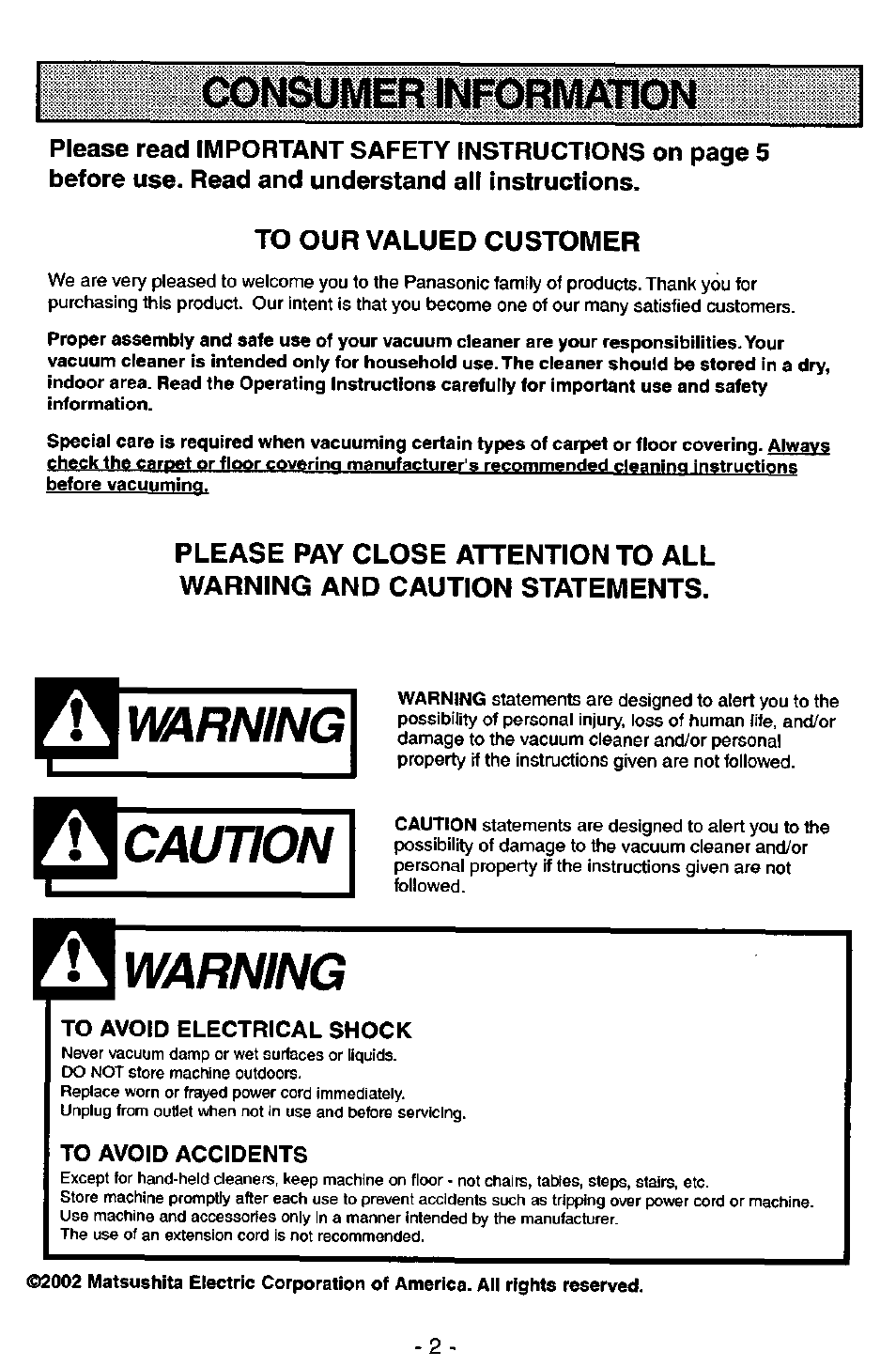 To our valued customer, To avoid electrical shock, To avoid accidents | Awarning, Caution, Warning | Panasonic MC-V7571 User Manual | Page 2 / 28