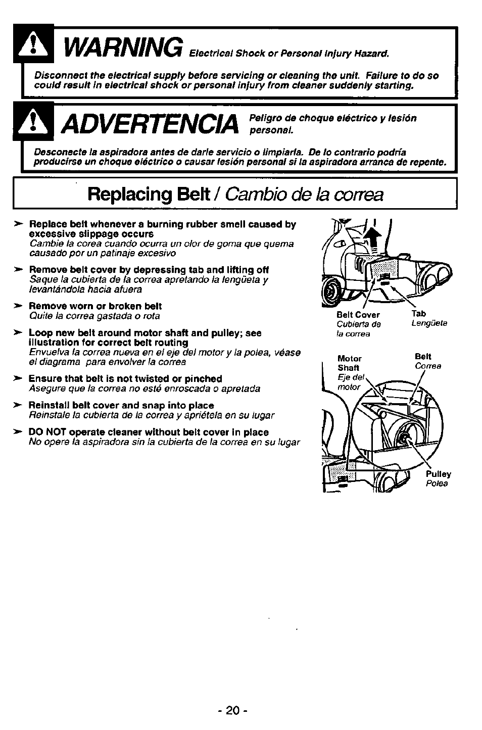 Warning, Advertencia, Replacing belt | Cambio de ¡a correa | Panasonic MC-V7571 User Manual | Page 20 / 28