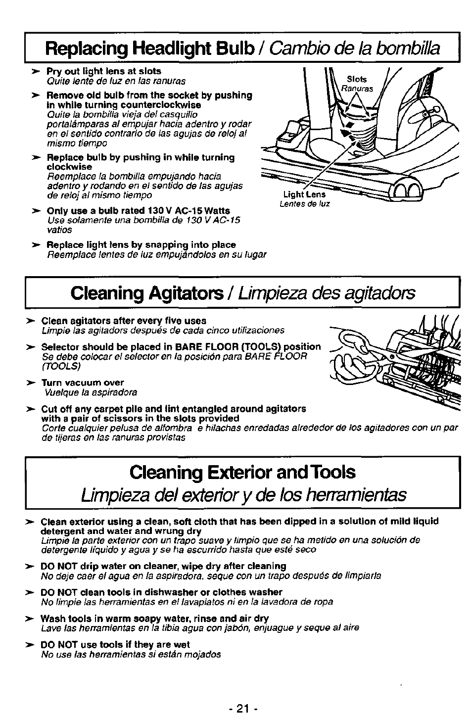Replacing headlight bulb, Cleaning agitators, Cleaning exterior and tools | Cambio de la bombilla, Limpieza des agitadora, Limpieza del exterior y de los henamientas | Panasonic MC-V7571 User Manual | Page 21 / 28