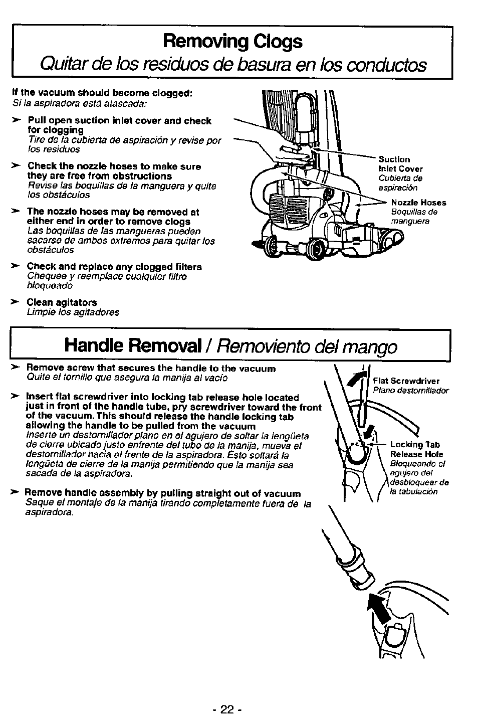 Removing clogs, Quitar de los residuos de basura en los conductos | Panasonic MC-V7571 User Manual | Page 22 / 28