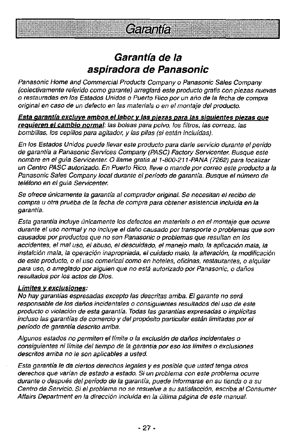 Garantía de la aspiradora de panasonic | Panasonic MC-V7571 User Manual | Page 27 / 28