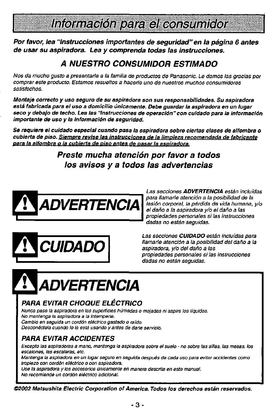 Información para el consumidor, Aadvertencia, Cuidado | Advertencia | Panasonic MC-V7571 User Manual | Page 3 / 28