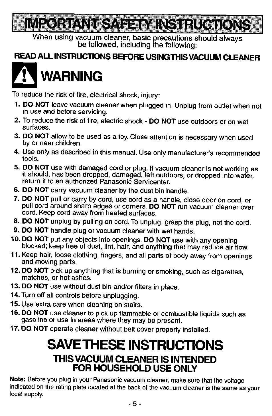 Warning, Savethese instructions | Panasonic MC-V7571 User Manual | Page 5 / 28