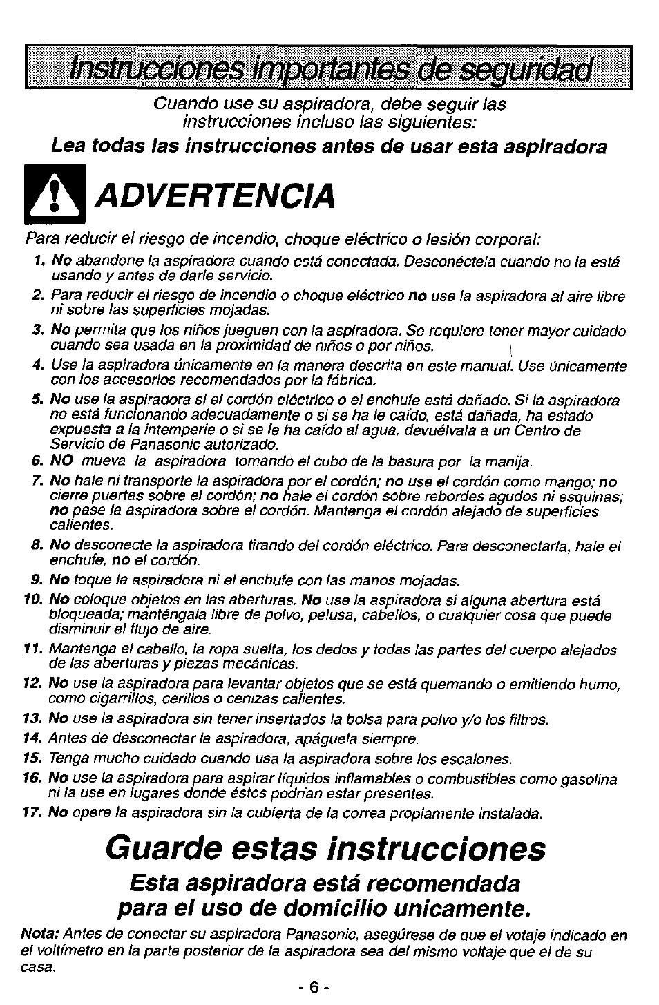 Aadvertencia, Guarde estas instrucciones | Panasonic MC-V7571 User Manual | Page 6 / 28