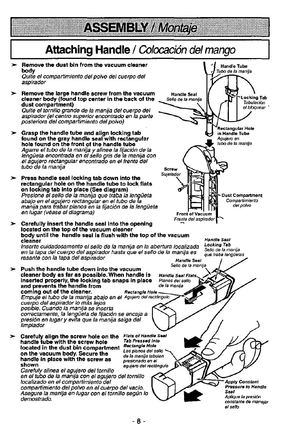 Attaching handle, Co!cx:ación del mango | Panasonic MC-V7571 User Manual | Page 8 / 28