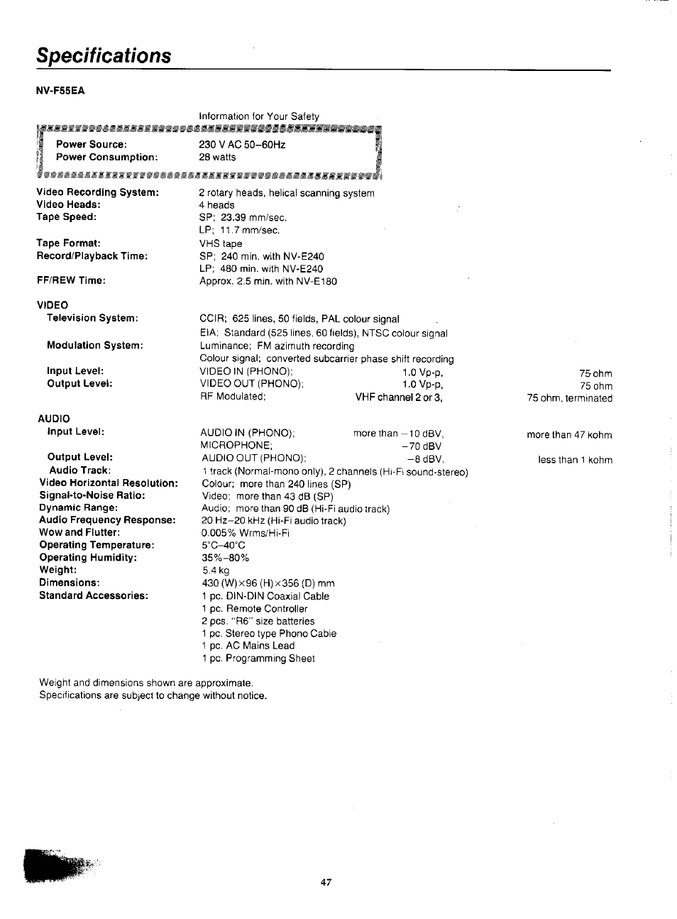 Specifications | Panasonic NV-F55EA User Manual | Page 47 / 47