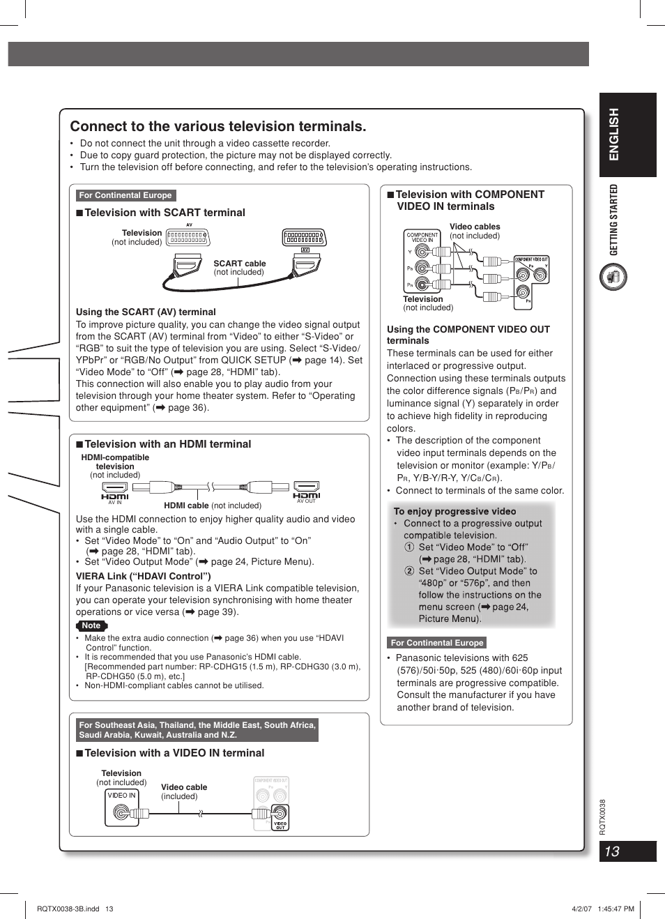 Connect to the various television terminals, English | Panasonic SC-PT550 User Manual | Page 13 / 48