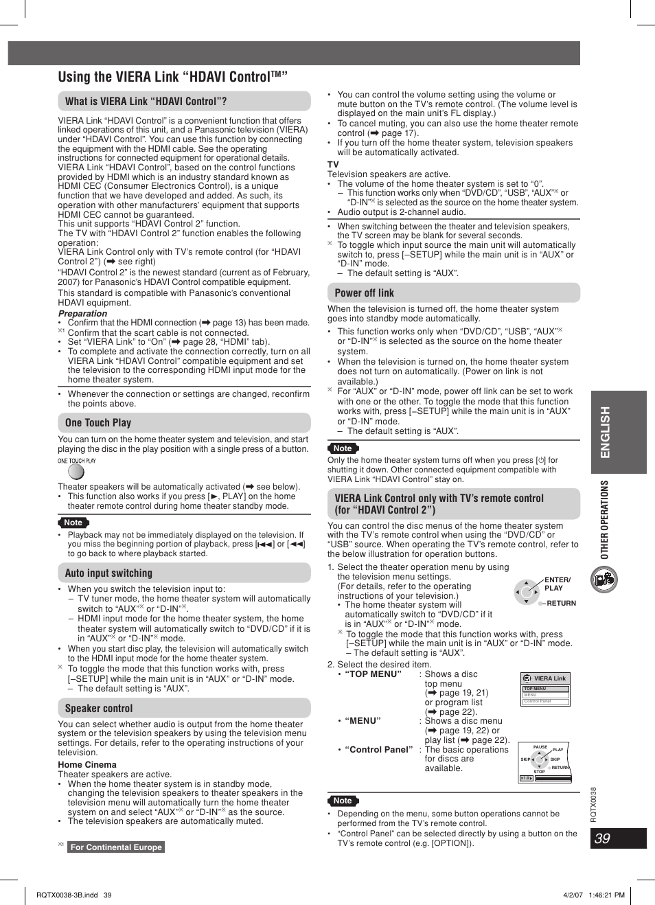 Using the viera link “hdavi control, English, What is viera link “hdavi control | One touch play, Auto input switching, Speaker control, Power off link | Panasonic SC-PT550 User Manual | Page 39 / 48