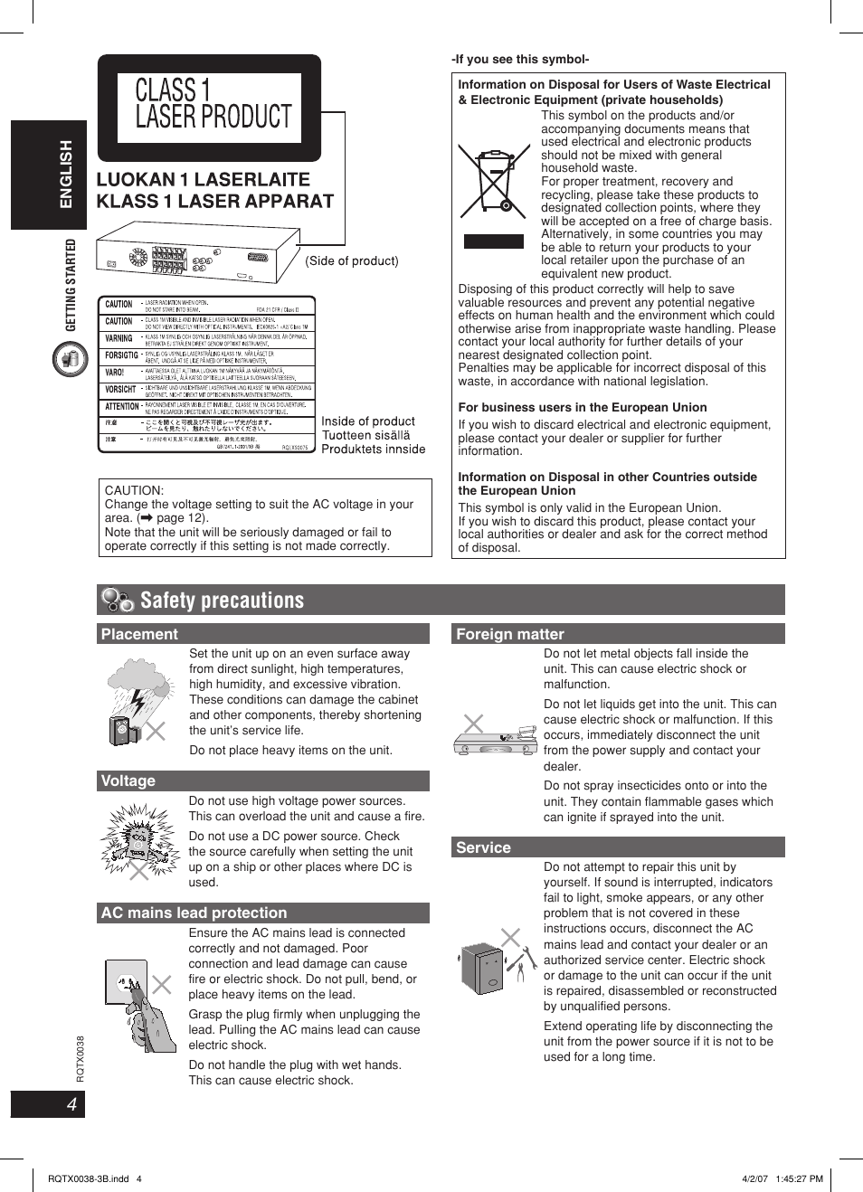 Safety precautions | Panasonic SC-PT550 User Manual | Page 4 / 48