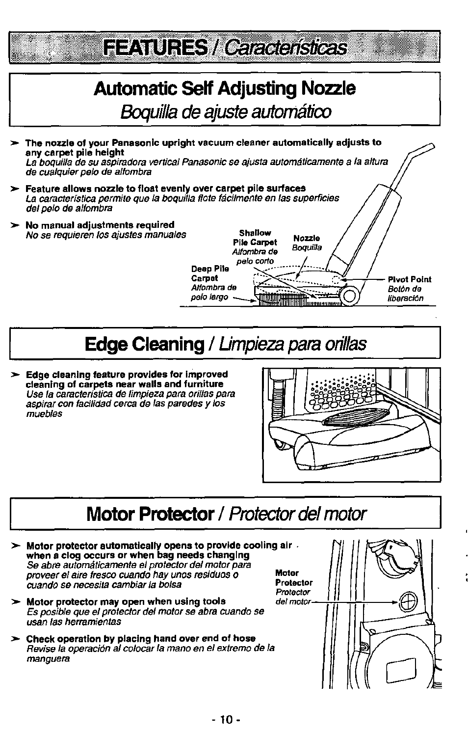 Automatic self adjusting nozzle, Edge cleaning, Motor protector | Boquilla de ajuste automático, Limpieza para oriltes, Protector del motor | Panasonic MC-V7400D User Manual | Page 10 / 24
