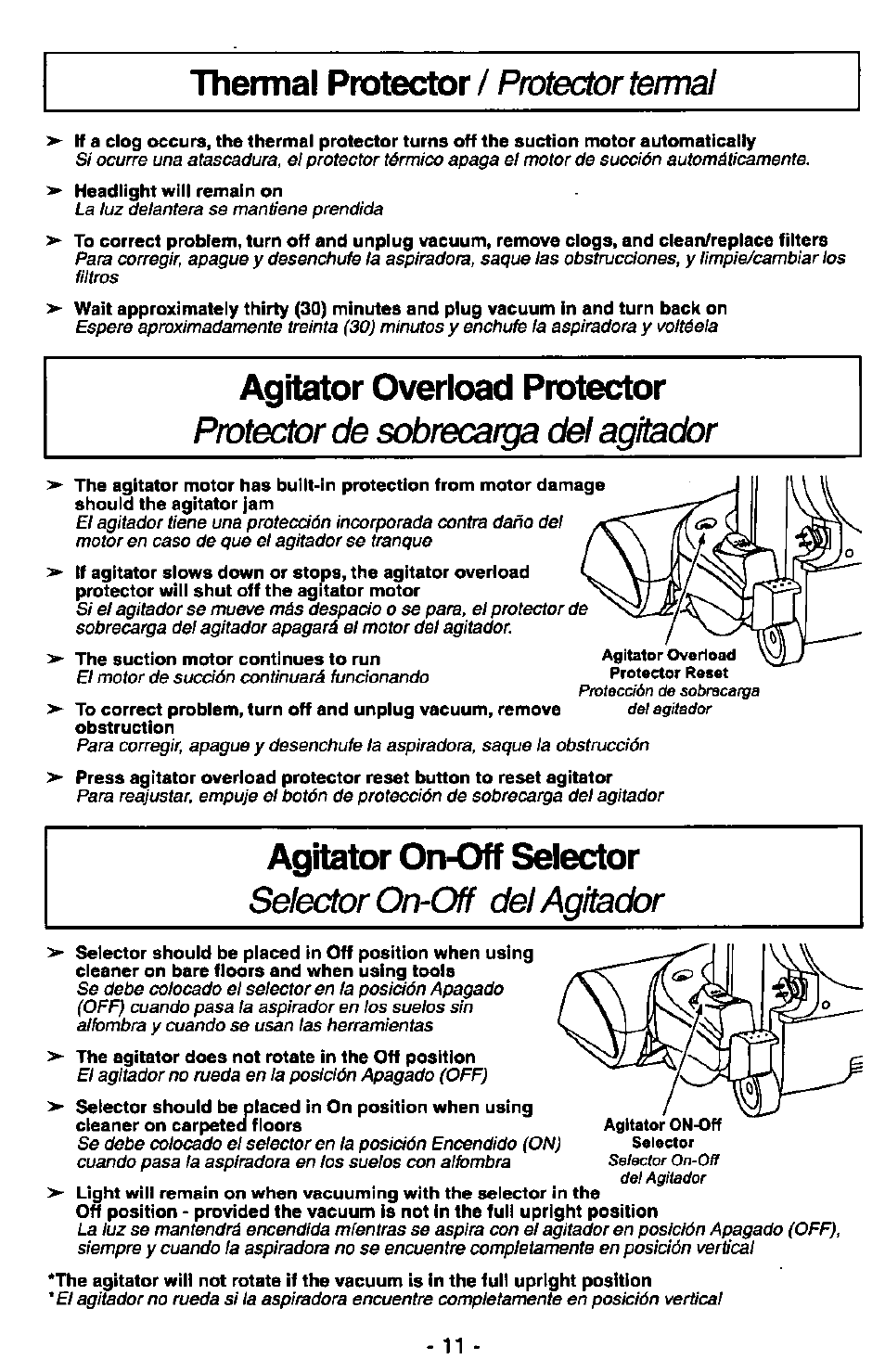 Agitator overload protector, Agitator on-off selector, Protector de sobrecarga del agitador | Selector on-off del agitador | Panasonic MC-V7400D User Manual | Page 11 / 24