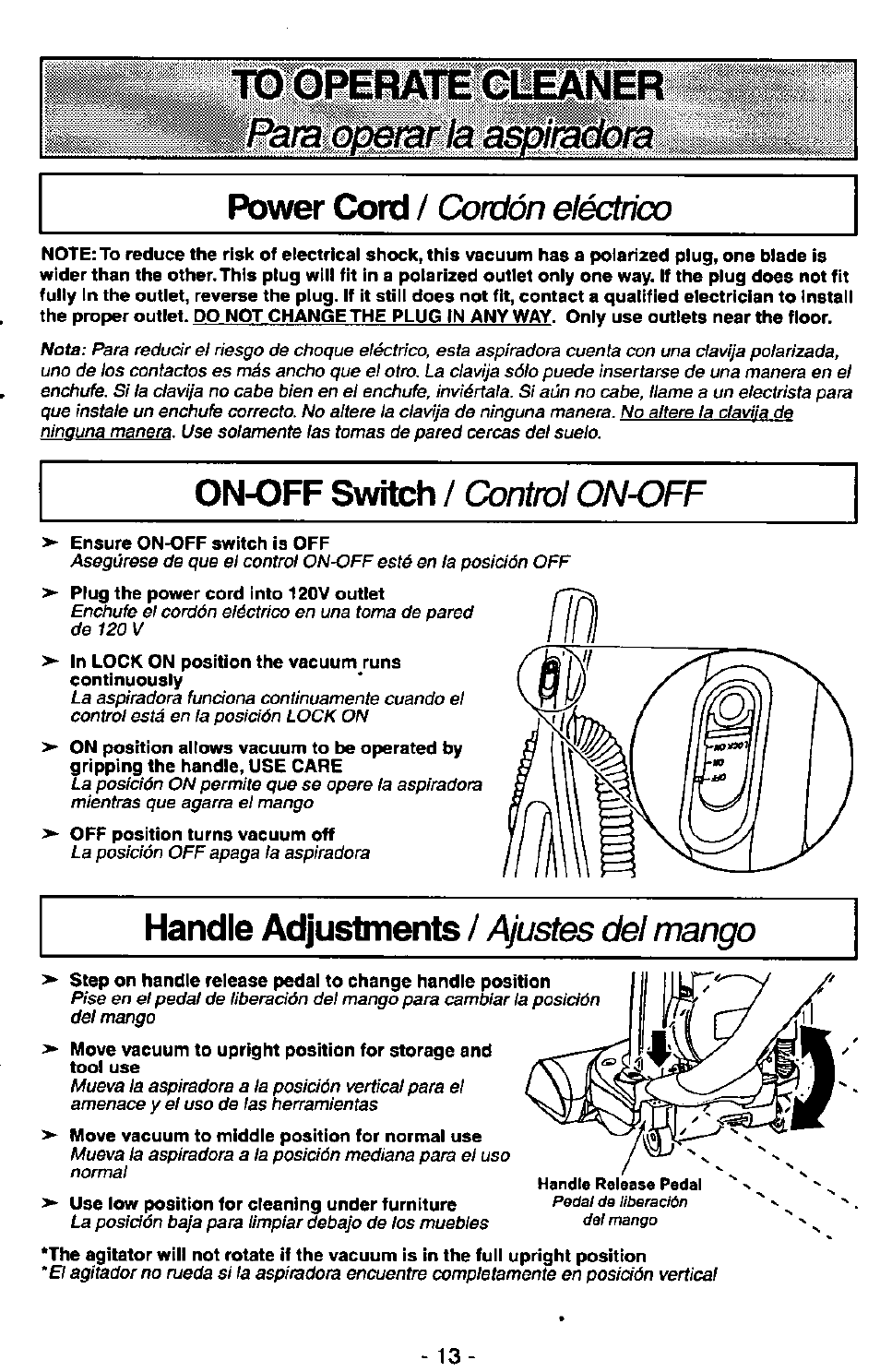 On-off switch / control on-off, Handle adjustments / fustes dd mango, On-off switch | Control on-off, Handle adjustments, Ajustes del mango, Power cord, Condón eléctrico, Fustes dd mango | Panasonic MC-V7400D User Manual | Page 13 / 24