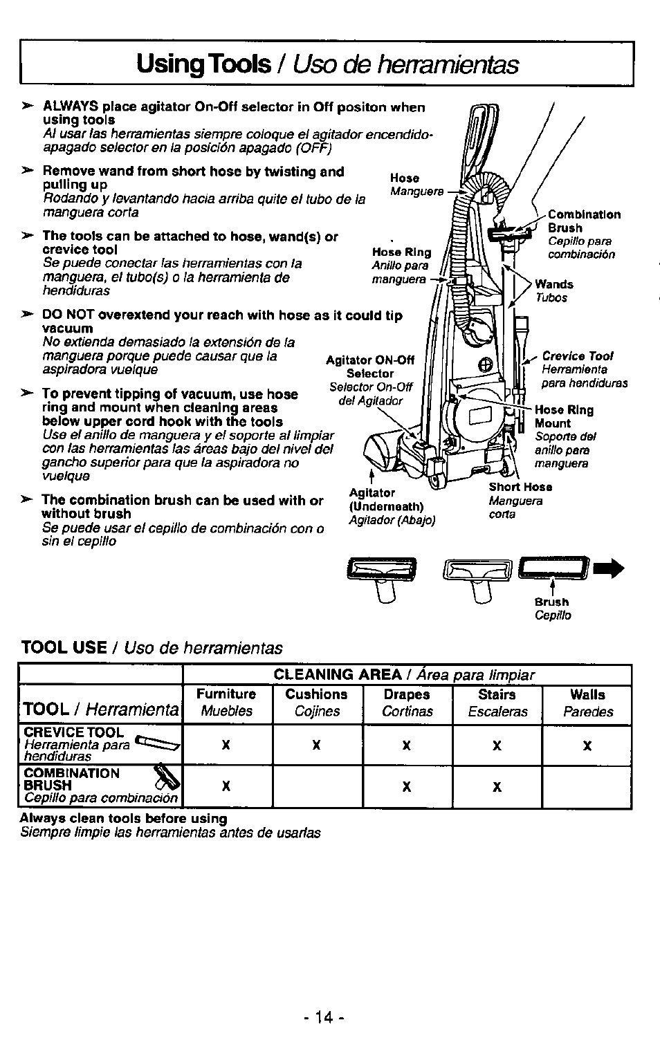Using tools, Uso de herramientas, Herramienta | Uso de heiramientas, Tool use, Tool | Panasonic MC-V7400D User Manual | Page 14 / 24