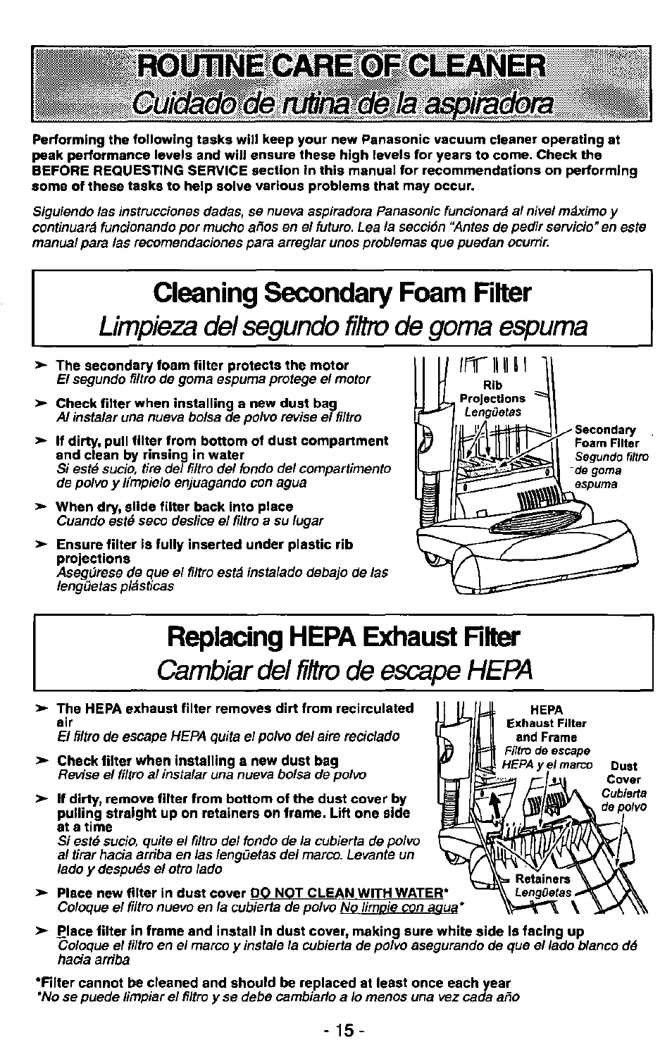 Cleaning secondary foam ñlter, Replacing hepa exhaust filter, Llpljl^ñpci^e' 0f‘cii£iw | Limpieza del segundo filtro de goma espuma, Cambiar del filtro de escape hepa | Panasonic MC-V7400D User Manual | Page 15 / 24