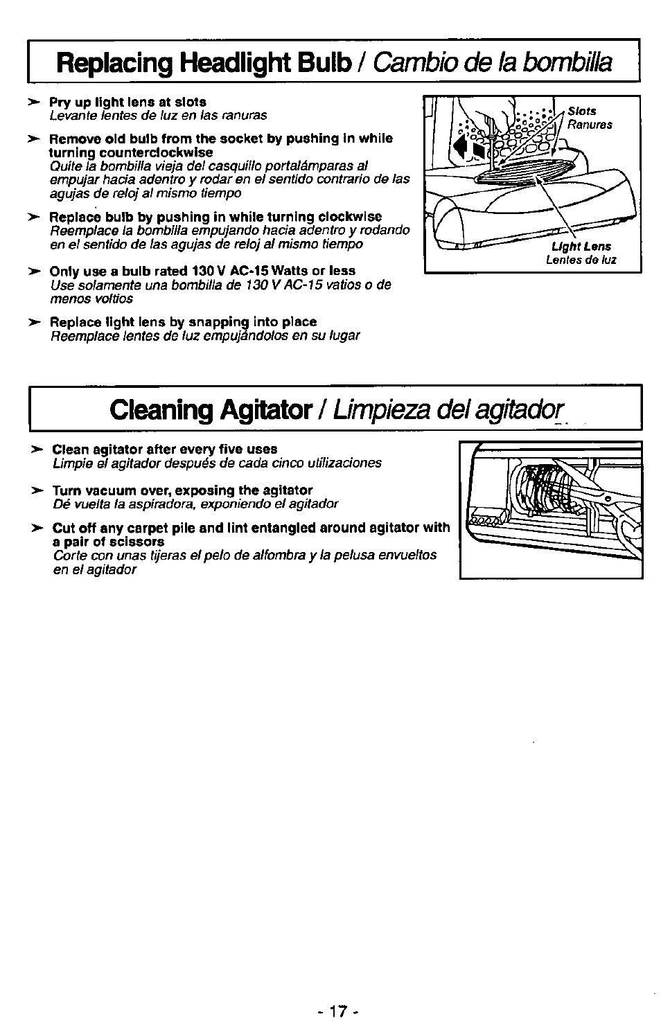 Replacing headlight buib / cambio de la bombilla, Replacing headlight bulb, Cambio de la bombilla | Replacing headlight buib, Cleaning agitator, Limpieza del agitador | Panasonic MC-V7400D User Manual | Page 17 / 24