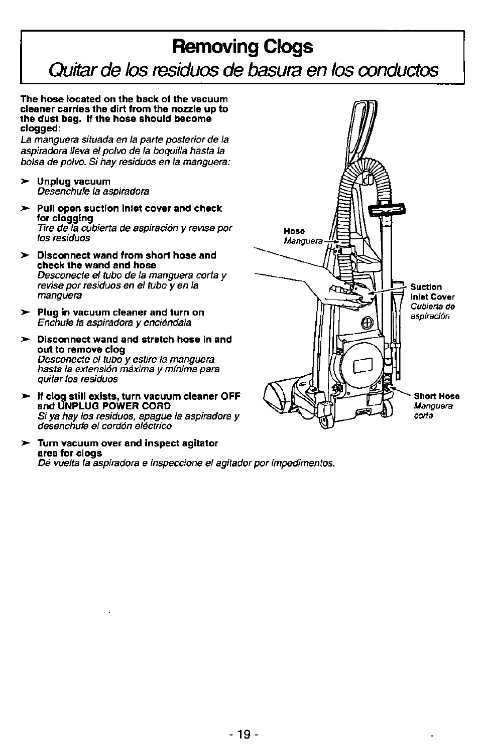 Removing clogs, Quitar de los residuos de basura en los conductos | Panasonic MC-V7400D User Manual | Page 19 / 24