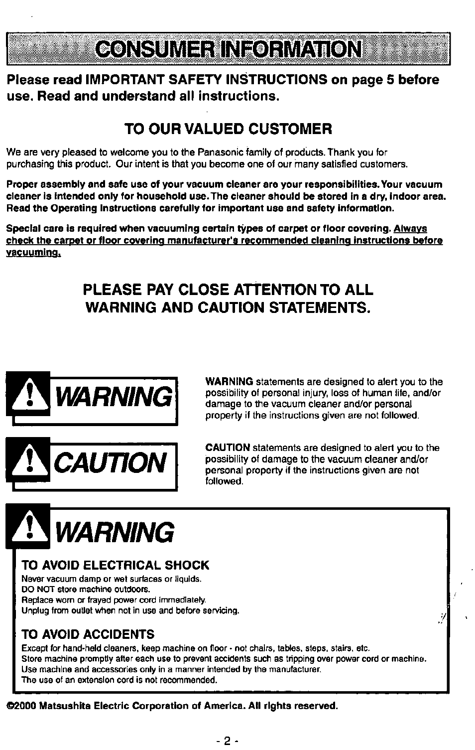 Consumer information, To our valued customer, To avoid electrical shock | To avoid accidents, Warning, Caution | Panasonic MC-V7400D User Manual | Page 2 / 24