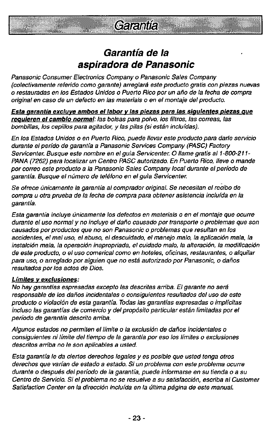 Garantía de la aspiradora de panasonic | Panasonic MC-V7400D User Manual | Page 23 / 24