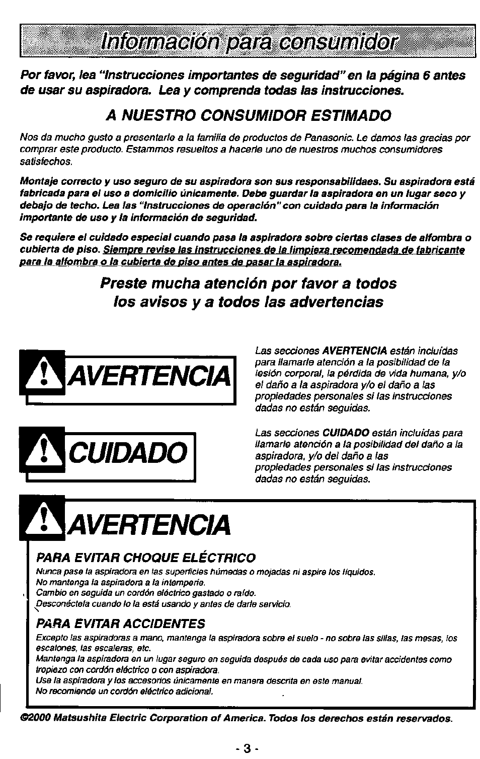Avertencia, Cuidado, Шттаьютйатйсвтаттфгй | Panasonic MC-V7400D User Manual | Page 3 / 24