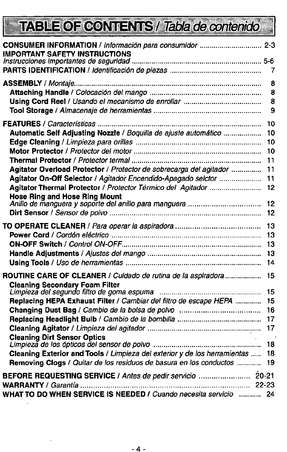 Información para consumidor, Instrucciones importantes de segundad, Identificación de piezas | Montaje, Colocación del mango, Usando el mecanismo de enrollar, Almacenaje de herramientas, Boquilla de ajuste automático, Limpieza para orillas, Del motor | Panasonic MC-V7400D User Manual | Page 4 / 24