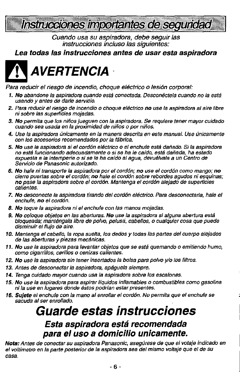 Avertencia, Guarde estas instrucciones | Panasonic MC-V7400D User Manual | Page 6 / 24