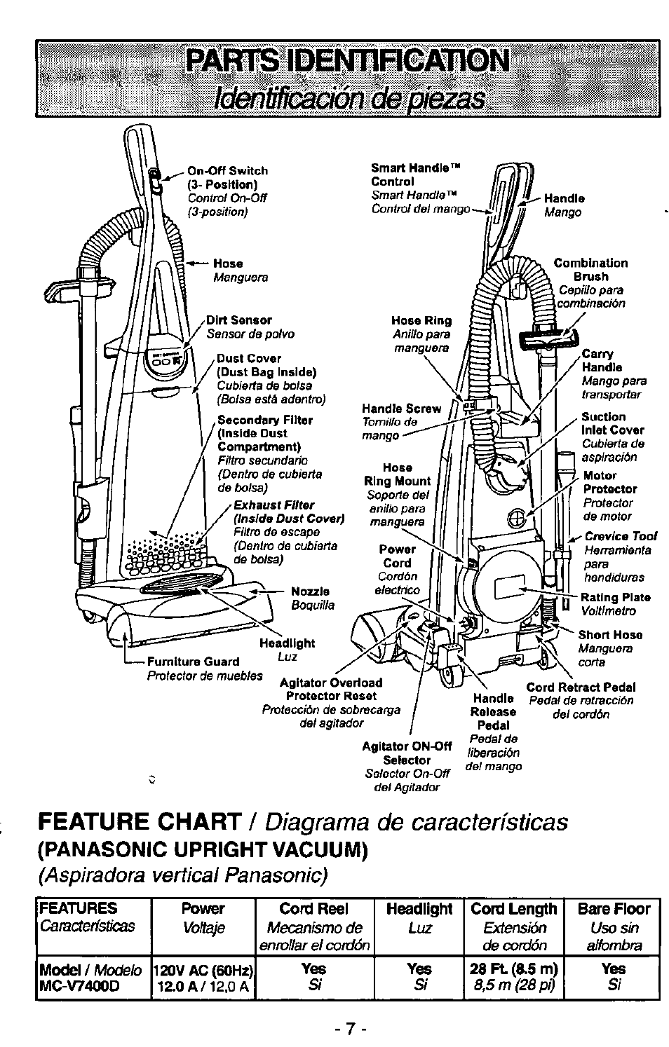 Panasonic upright vacuum), Feature chart, Diagrama de características | Aspiradora vertical panasonic), Si 8,5 m (28 pi) si | Panasonic MC-V7400D User Manual | Page 7 / 24