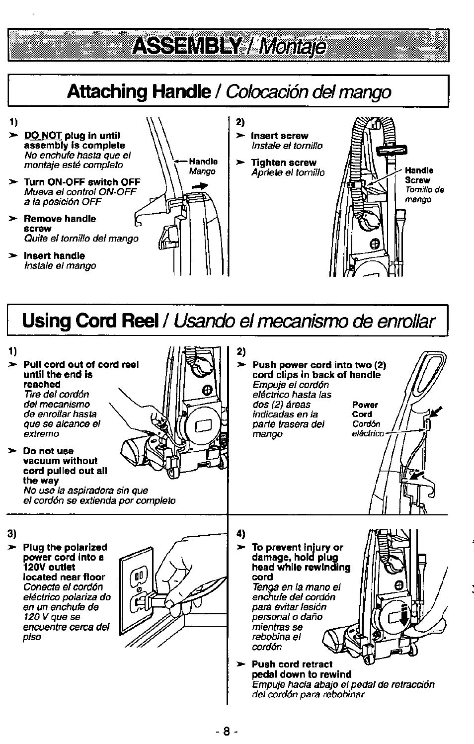Using cord reel, Usando el mecanismo de enrollar | Panasonic MC-V7400D User Manual | Page 8 / 24