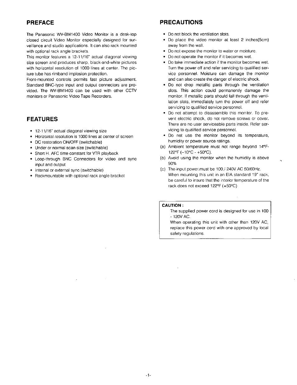 Features, Preface precautions | Panasonic WV-BM1400 User Manual | Page 3 / 10