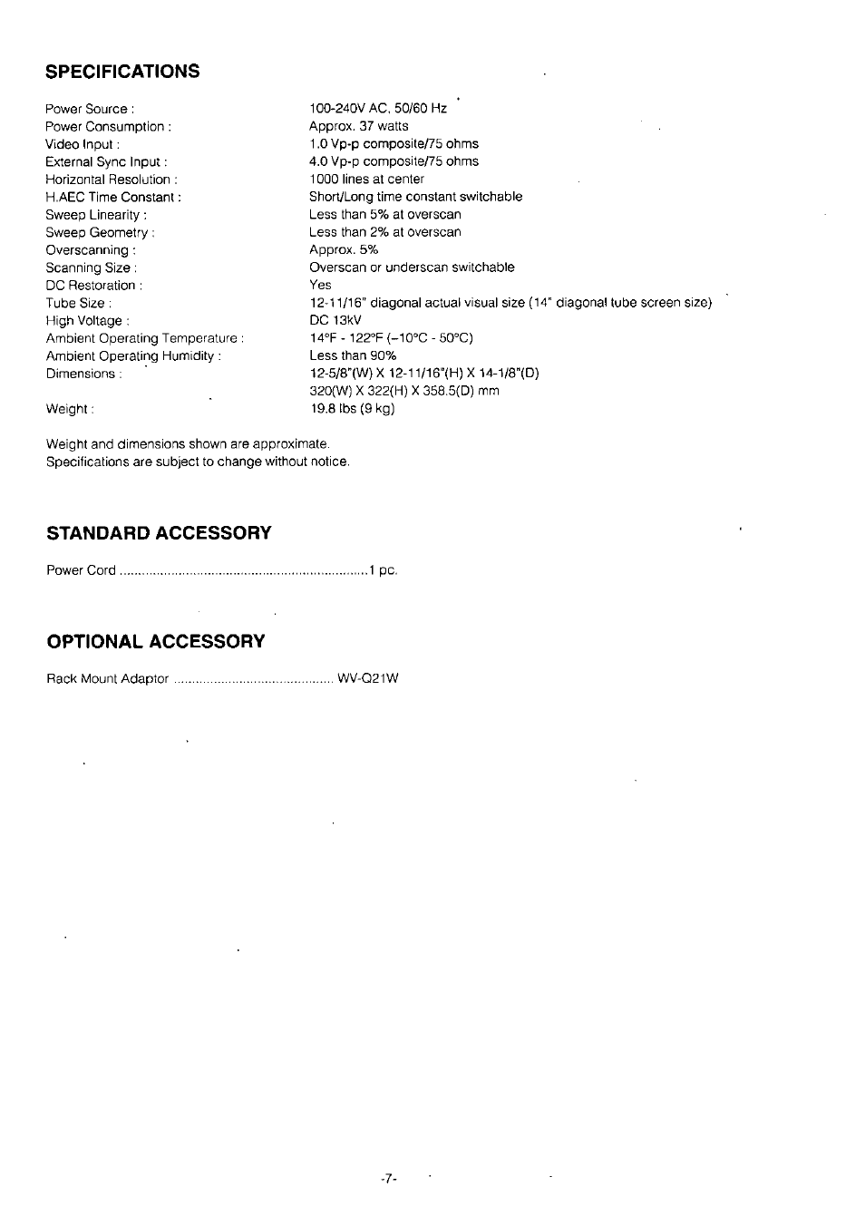 Specifications, Standard accessory, Optional accessory | Panasonic WV-BM1400 User Manual | Page 9 / 10