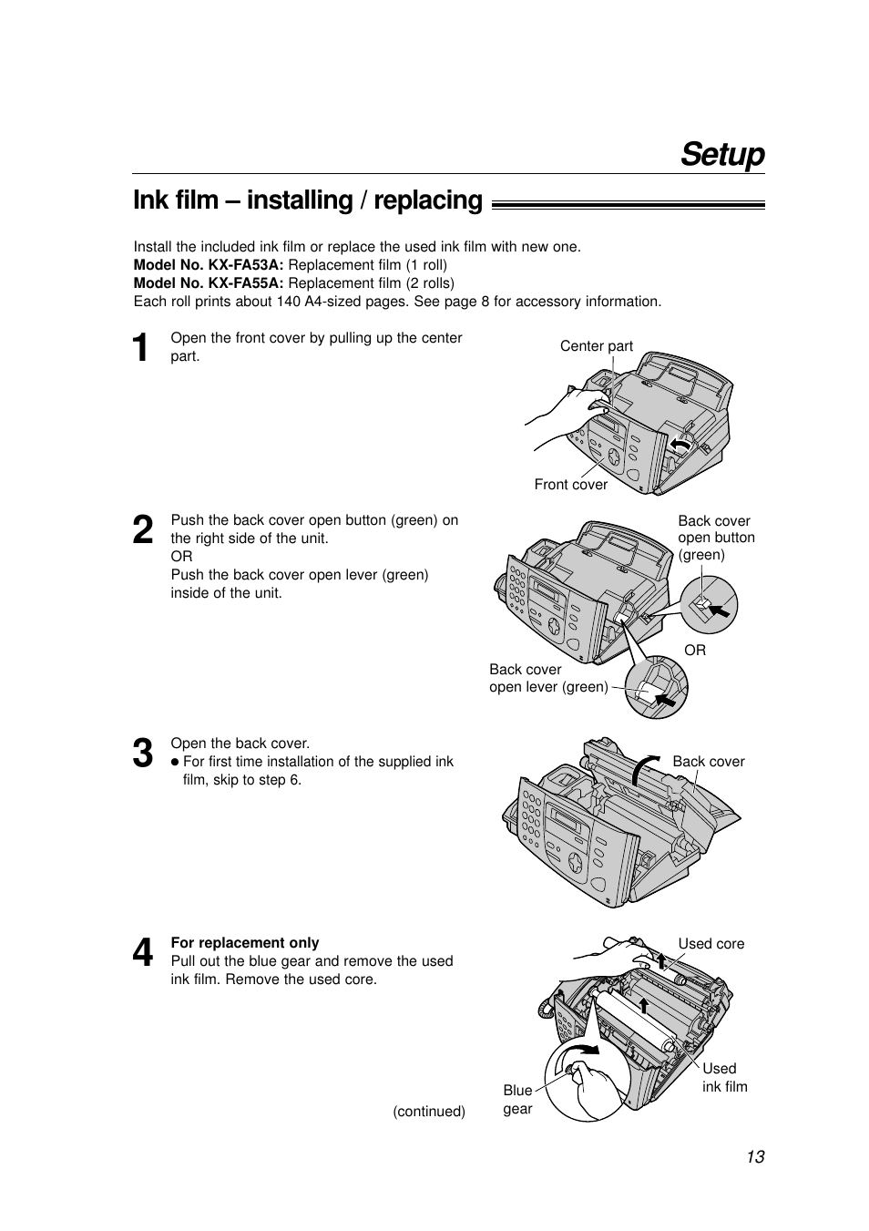 Setup, Ink film – installing / replacing | Panasonic KX-FP155AL User Manual | Page 13 / 88