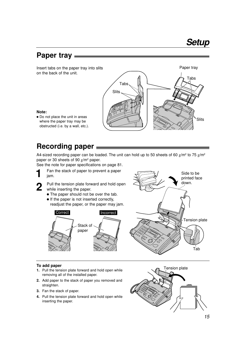 Setup, Paper tray, Recording paper | Panasonic KX-FP155AL User Manual | Page 15 / 88