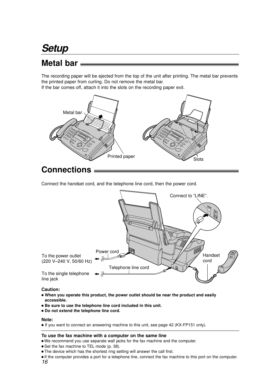 Setup, Connections, Metal bar | Panasonic KX-FP155AL User Manual | Page 16 / 88