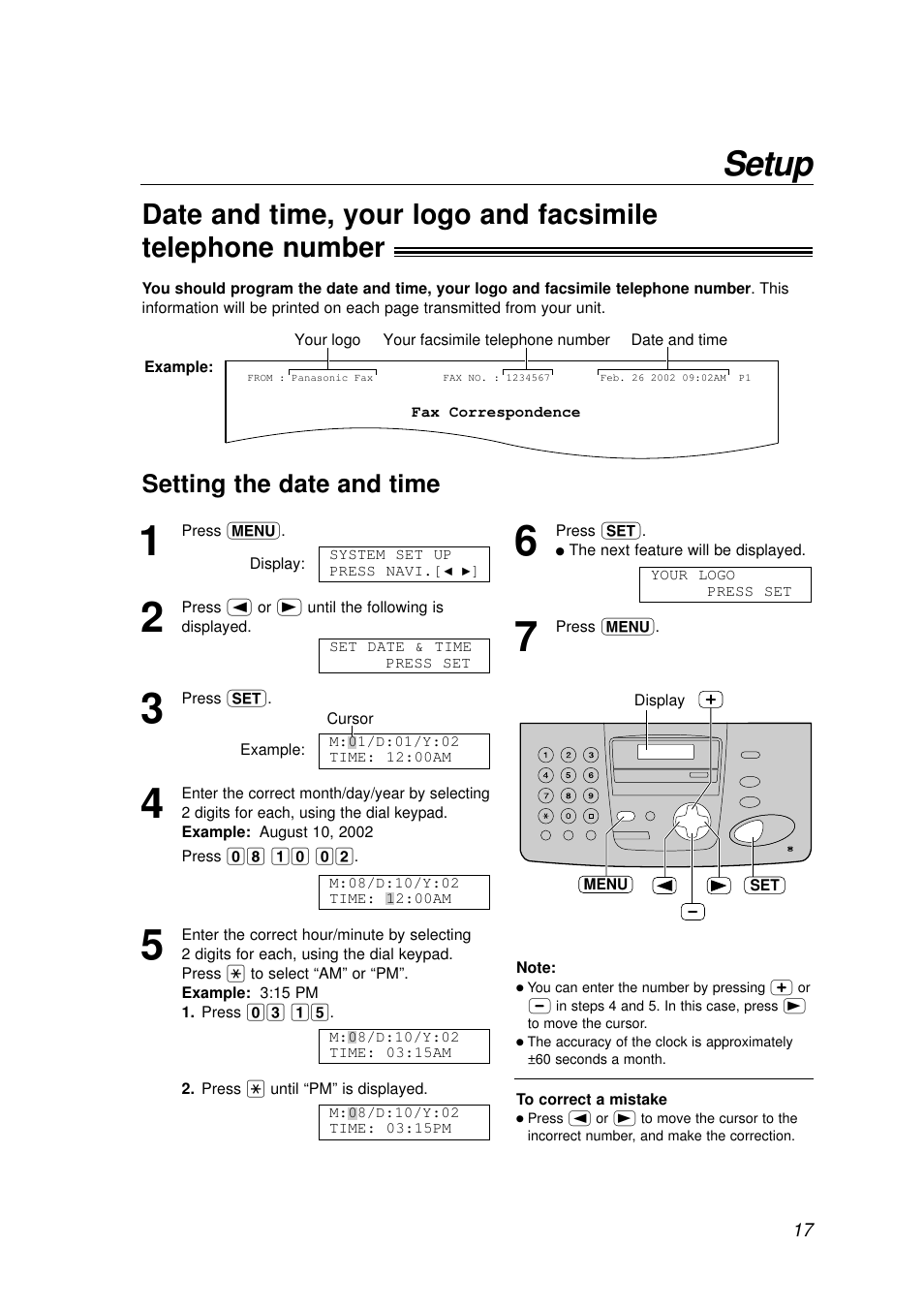 Setup, Setting the date and time | Panasonic KX-FP155AL User Manual | Page 17 / 88