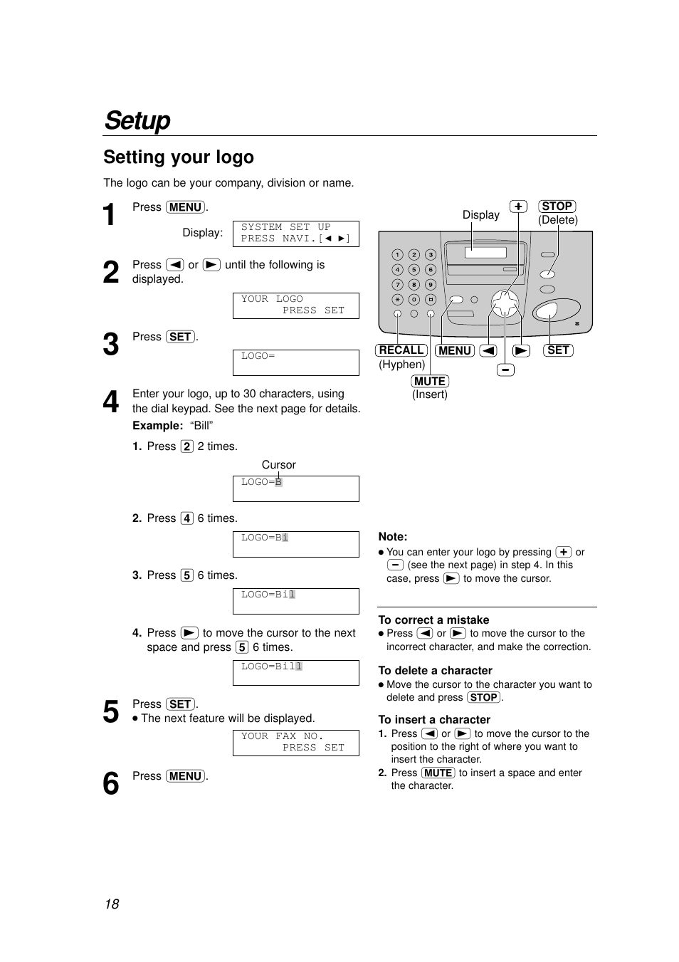Setup, Setting your logo | Panasonic KX-FP155AL User Manual | Page 18 / 88