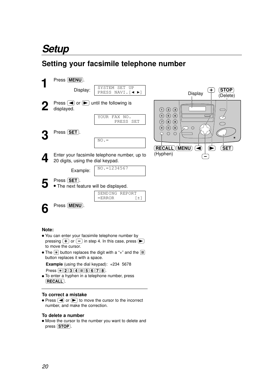 Setup, Setting your facsimile telephone number | Panasonic KX-FP155AL User Manual | Page 20 / 88