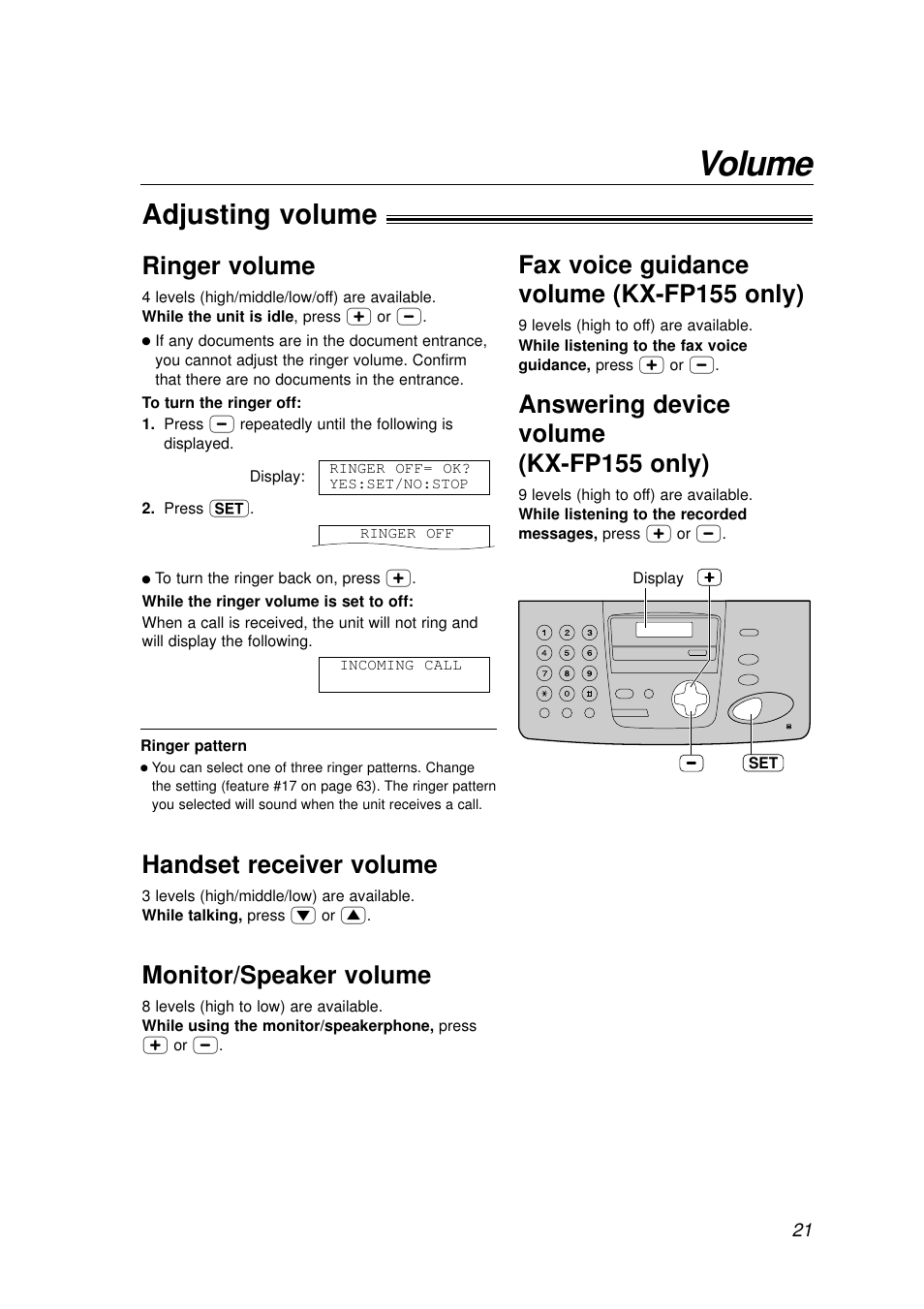 Volume, Adjusting volume, Ringer volume | Fax voice guidance volume (kx-fp155 only), Answering device volume (kx-fp155 only), Monitor/speaker volume, Handset receiver volume | Panasonic KX-FP155AL User Manual | Page 21 / 88