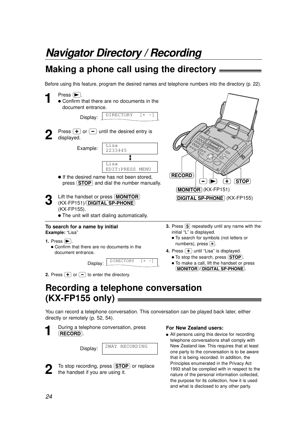 Navigator directory / recording, Making a phone call using the directory, Recording a telephone conversation (kx-fp155 only) | Panasonic KX-FP155AL User Manual | Page 24 / 88