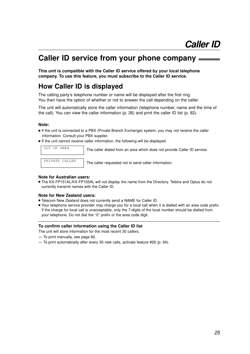 Caller id, Caller id service from your phone company, How caller id is displayed | Panasonic KX-FP155AL User Manual | Page 25 / 88