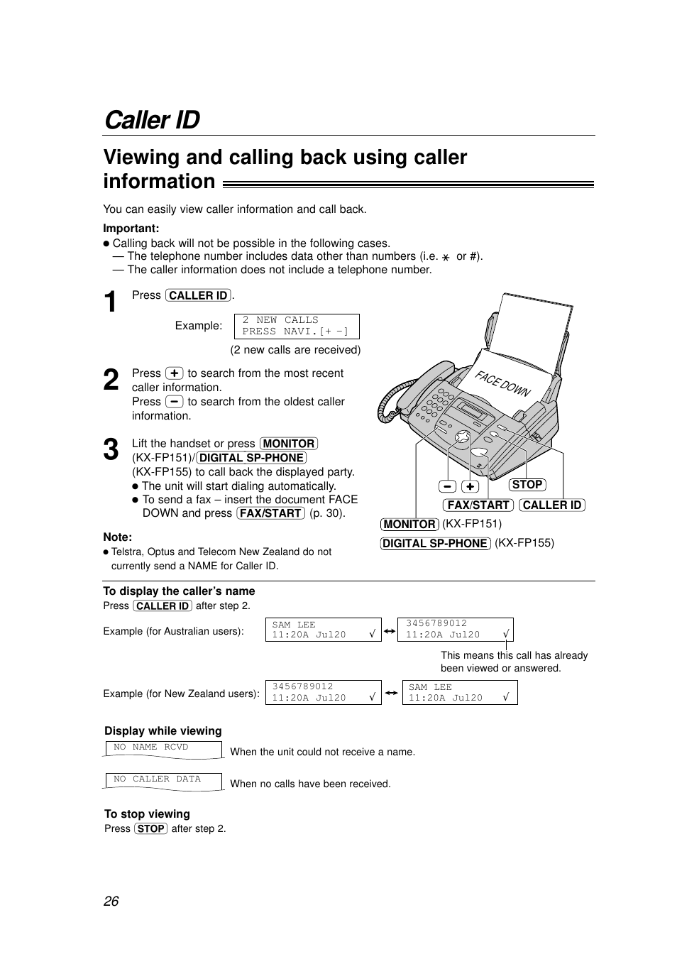 Caller id, Viewing and calling back using caller information | Panasonic KX-FP155AL User Manual | Page 26 / 88